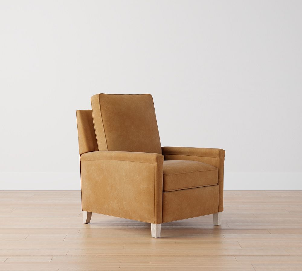Open Box: Tyler Square Arm Leather Manual Tall Recliner without Nailheads (41&quot;), Down Blend Wrapped Cushions - Nubuck Caramel, Seadrift Finish
