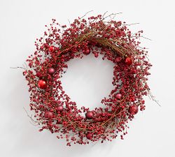 Faux Wild Twig and Berry Trailing Wreath with Ornaments