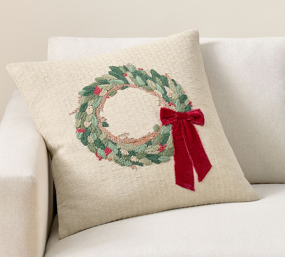 Wreath with Red Velvet Bow Pillow