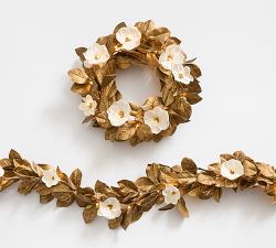 Faux Lit Gold Magnolia Leaf Wreath &amp; Garland