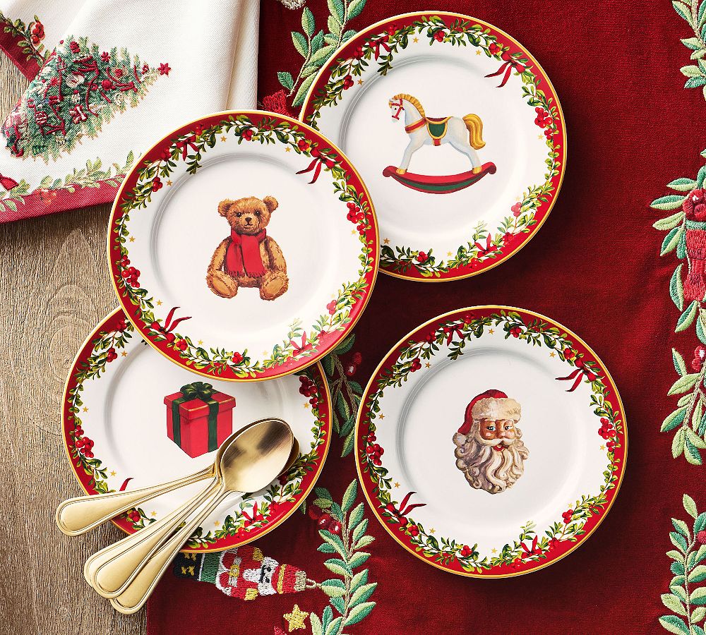 Nostalgic Christmas Icon Stoneware Appetizer Plates - Mixed Set of 4