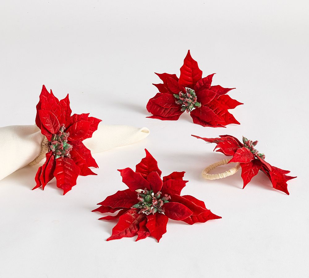 Velvet Poinsettia Napkin Rings - Set of 4