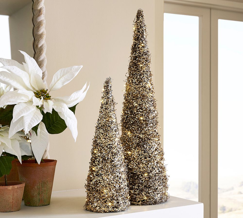Lit Gold Glitter Cone Trees