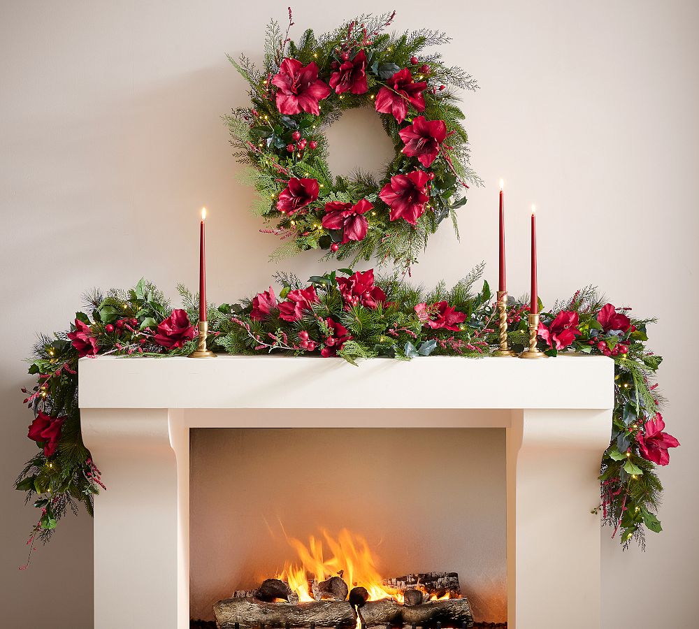 Faux Lit Mixed Amaryllis Wreath &amp; Garland
