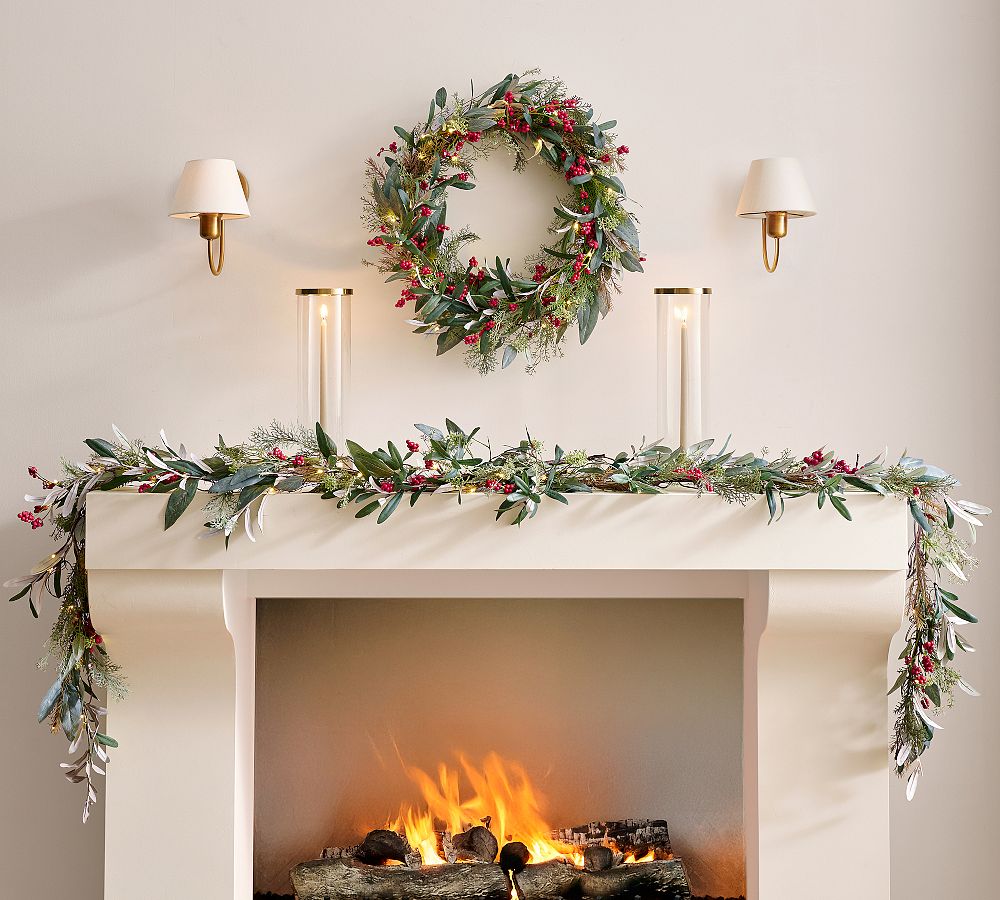 Lit Faux Eucalyptus and Berry Wreath &amp; Garland