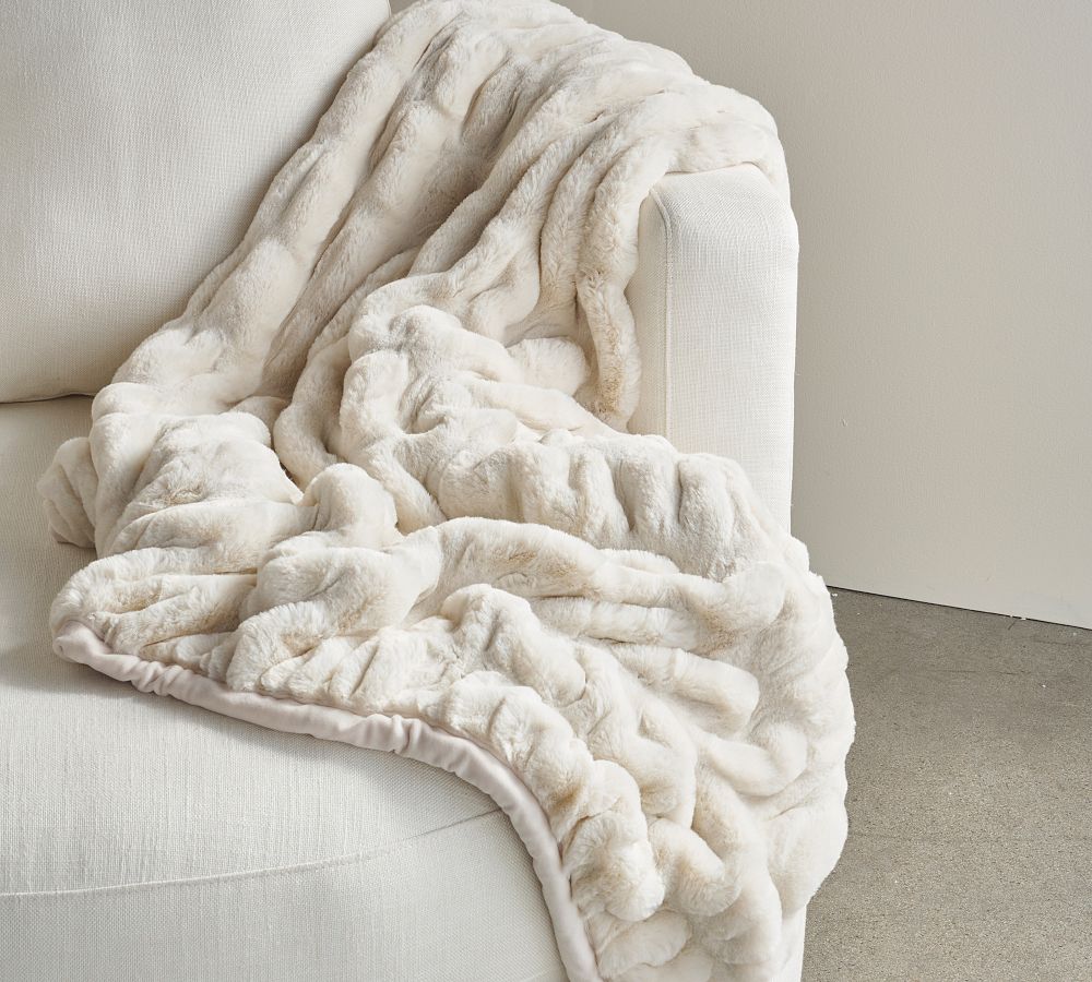 Faux Fur Ruched Throw in Ivory
