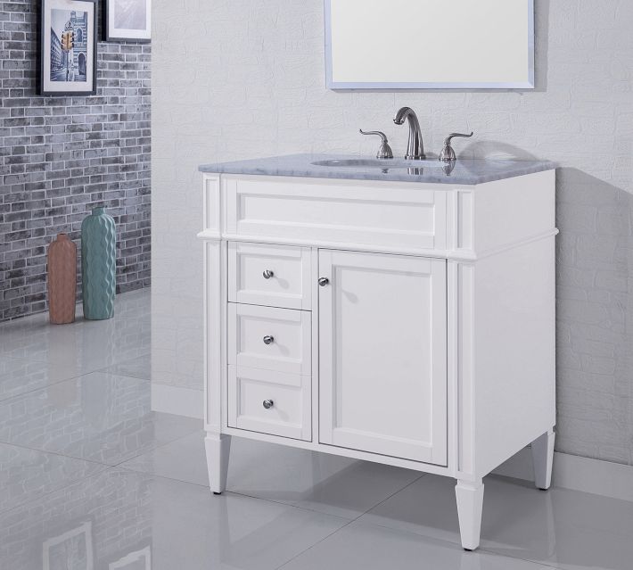 White bathroom vanity with marble top and multiple drawers and a cabinet, shown in a bathroom setting