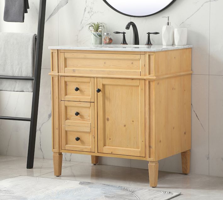 Wood vanity with multiple drawers and cabinet, closer view