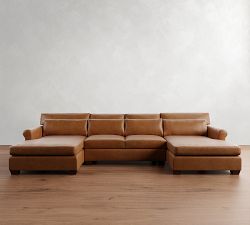 York Roll Arm Deep Seat Leather Double Chaise Sectional (116"-136")