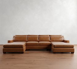York Slope Arm Deep Seat Leather Double Chaise Sectional (112"-132")