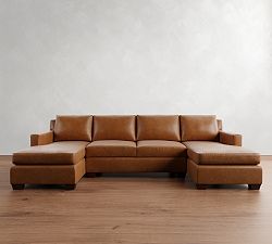 York Square Arm Leather Double Chaise Sectional (112&quot;-132&quot;)