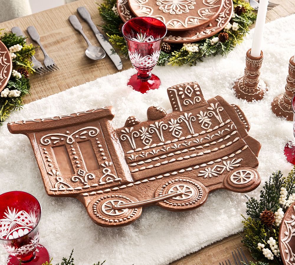 Gingerbread Train Stoneware Serving Platter | Pottery Barn
