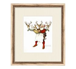 Santa and Reindeer Getting Ready Framed Print by Norman Rockwell