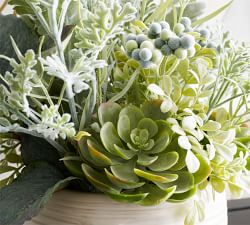 Faux Composed Evergreen Succulent Arrangement In Ceramic Planter