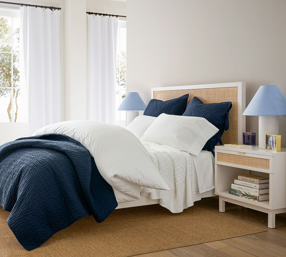 Pottery Barn Midnight Pick-Stitch Handcrafted Cotton Linen Quilt
