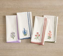 Botanical Embroidered Cotton/Linen Napkins - Mixed Set of 4