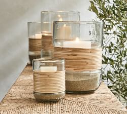Open Box: Palm Woven Rattan &amp; Glass Hurricane Candleholder