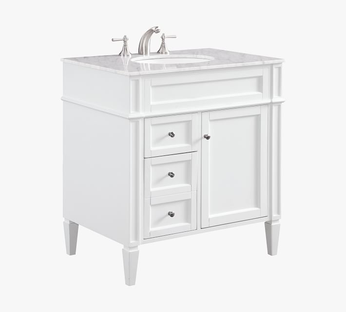 Vanity with marble top, three drawers on left and cabinet on right
