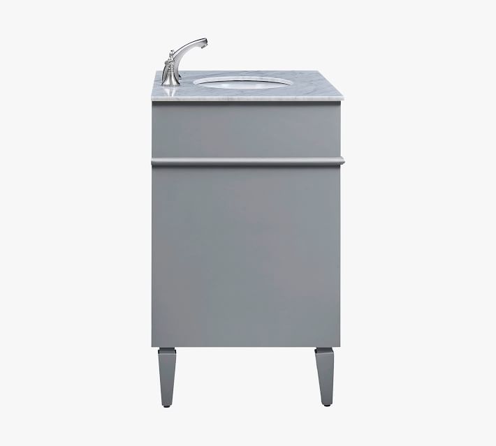 Grey cabinet with marble top and single sink