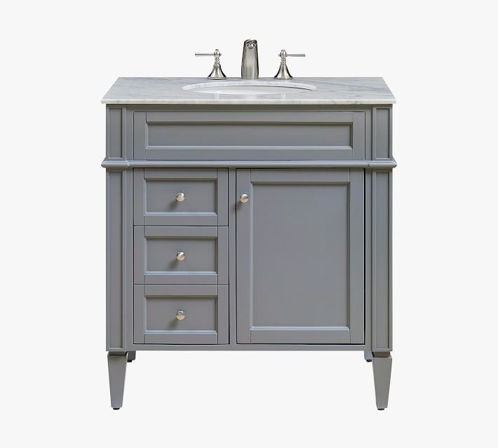 Grey bathroom vanity with marble top and multiple drawers