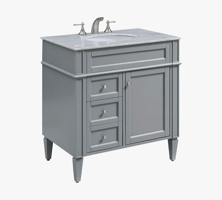Grey vanity with marble top and visible handle hardware