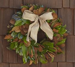 Live Magnolia Leaf Wreath with Burlap Bow