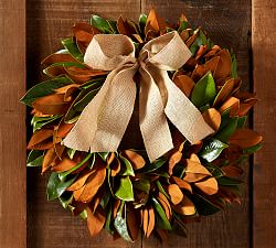 Live Magnolia Leaf Wreath with Burlap Bow