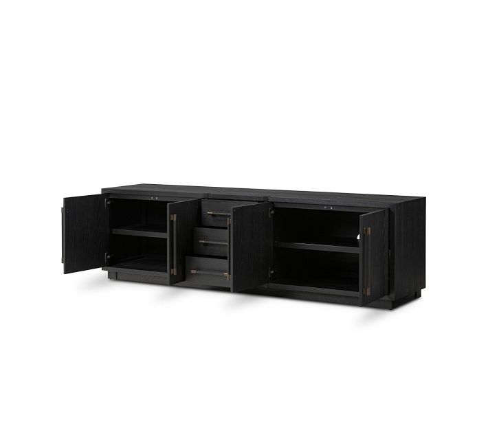 Open view of a dark wood storage cabinet with multiple storage compartments and drawers