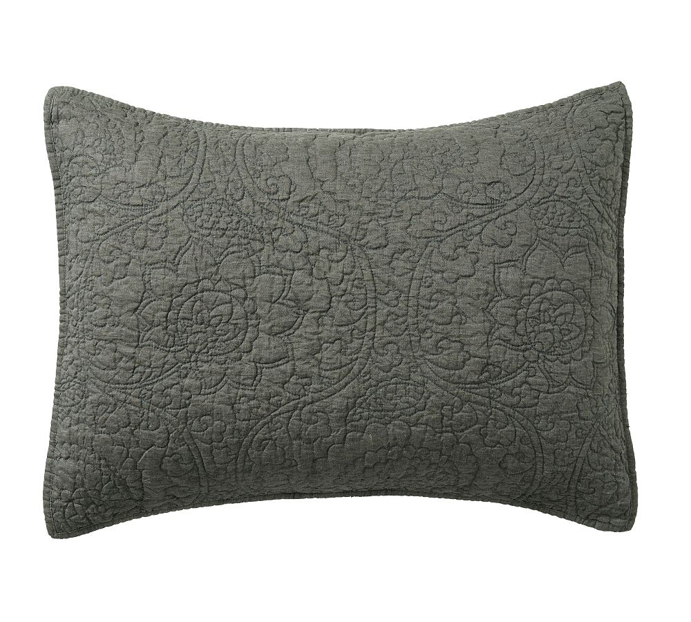 Belgian Flax Linen Floral Stitch Quilted Sham (King - Forest Green) Set of 2