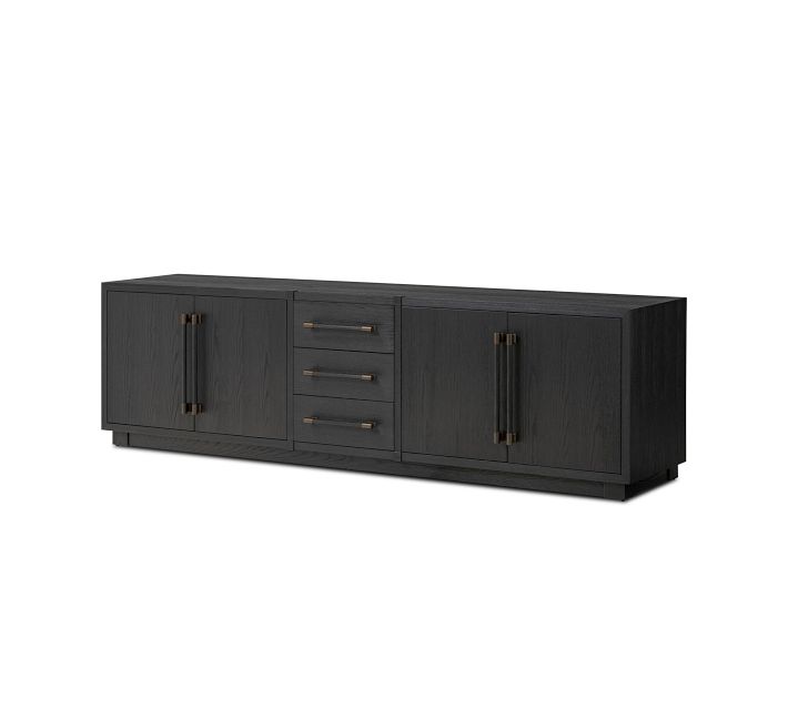 Long dark wood media console with multiple doors and drawers, bronze handles