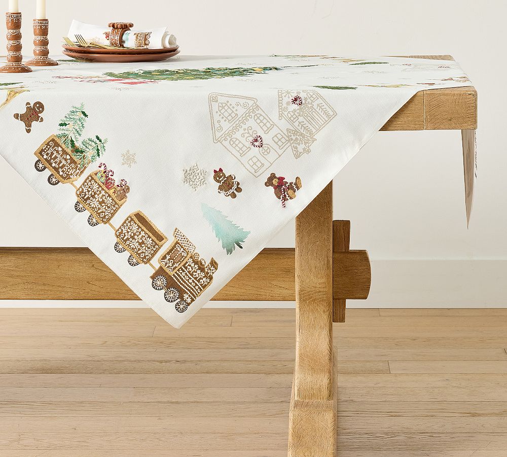 Gingerbread Train Embroidered Cotton Table Throw