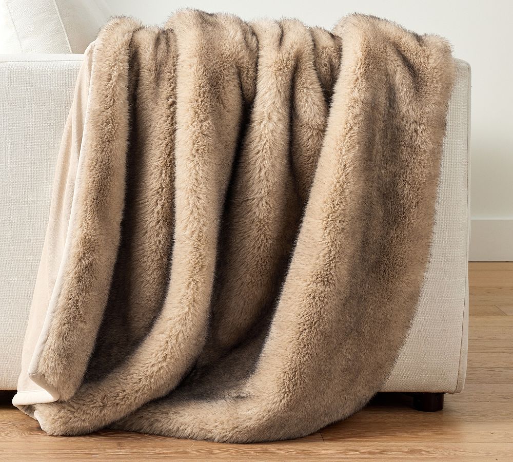 Pottery Barn Faux Fur Mink Throw - Tipped Taupe, 50" x 60"