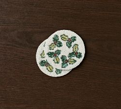 Holly Leaves Handcrafted Beaded Coasters, Set of 4