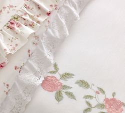 LoveShackFancy Pink Embroidered Rose Duvet Cover