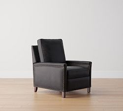 Open Box: Tyler Square Arm Leather Tall Manual Recliner with Nailheads, 41", Individual - Vintage Midnight, Espresso Legs