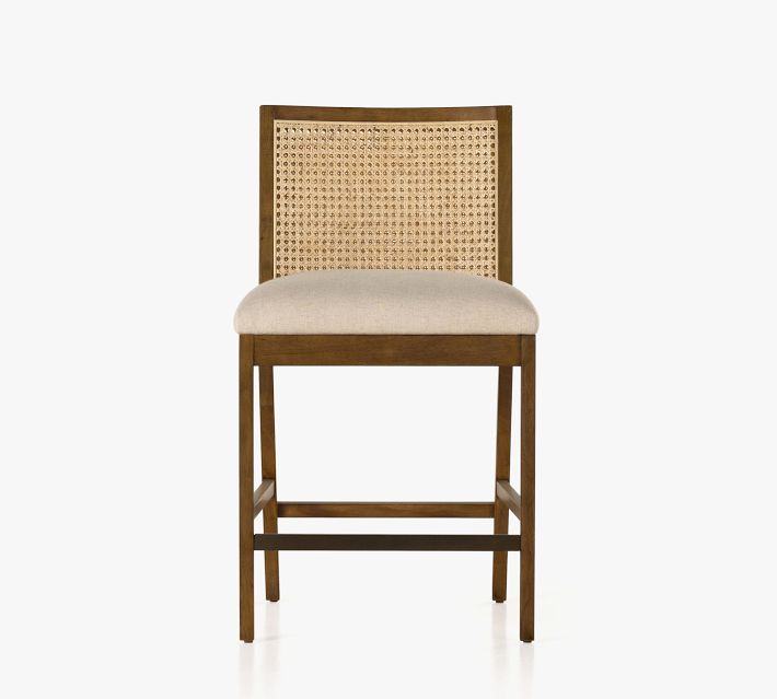 Front view of the rattan-back bar stool with beige seat