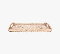 Open Box: Tava Handwoven Rattan Rectangular Serving Tray, 14"L x 10"W - White Wash
