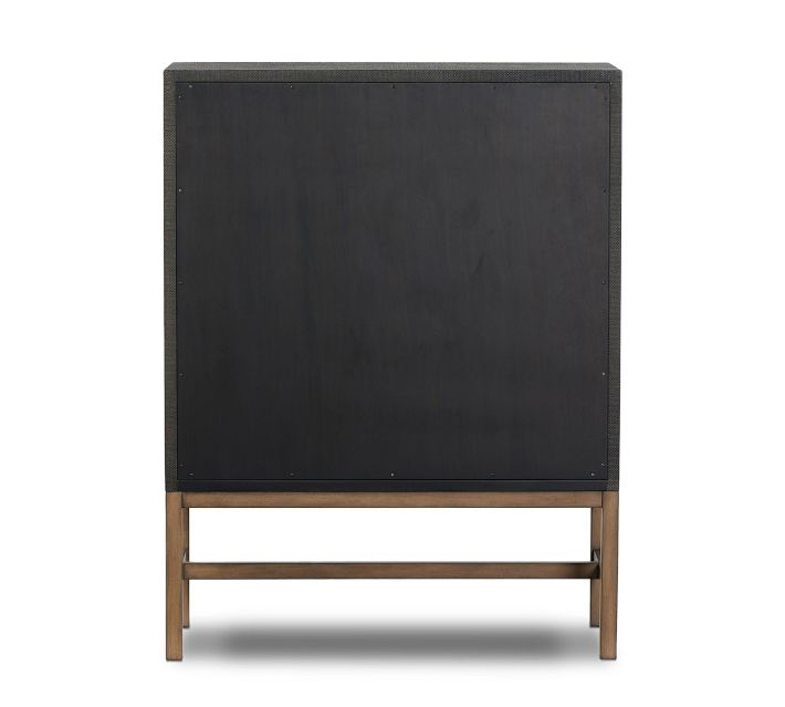 Back view of cabinet showing solid dark panel and wooden base.