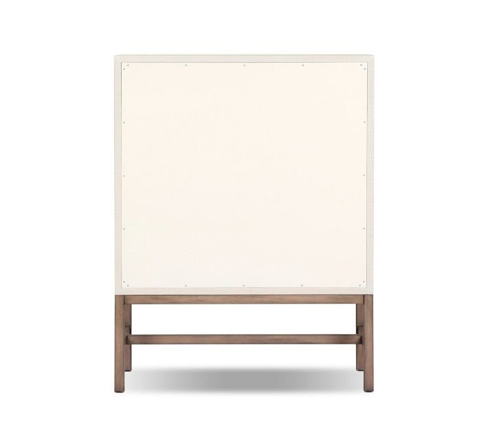 Back view of cream cabinet with wooden stand on white background.