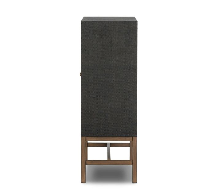 Tall, narrow dark cabinet on wooden stand with similar weave.