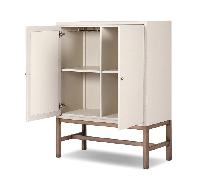 Open cabinet showing multiple interior shelves from front-left angle.