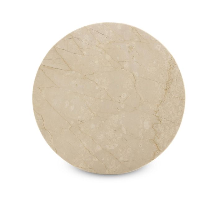 Beige marble round tabletop with veining pattern.