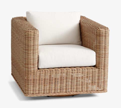 Huntington All-Weather Wicker Square Arm Swivel Outdoor Lounge Chair with Cushion, Natural