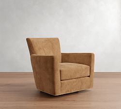 Open Box: Irving Square Arm Leather Swivel Armchair, Without Nailheads, Polyester Wrapped Cushions, Keystone Sandstone