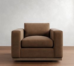 Carmel Wide Arm Leather Wood Base Swivel Chair