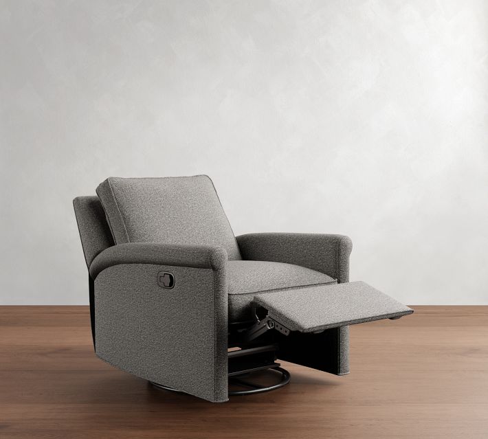 Left side view of a gray recliner with footrest extended.