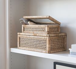 Woven Rattan And Wood Boxes, Set of 2