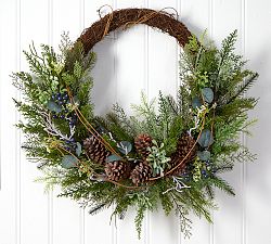 Faux Pine &amp; Pinecone Asymmetrical Wreath