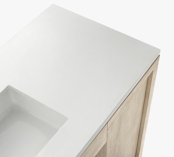 Top white countertop with integrated sink visible from an angled top-left view.