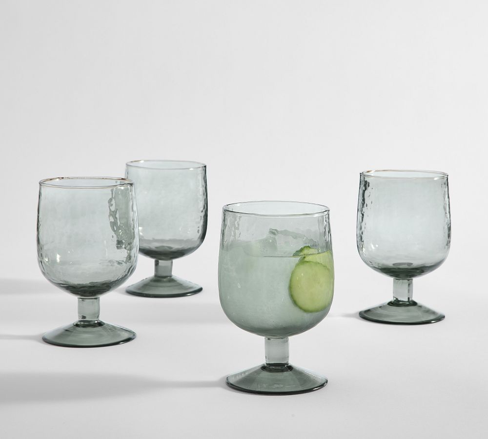 Hammered Handcrafted Glass Goblets - Set of 4 - Mist Blue